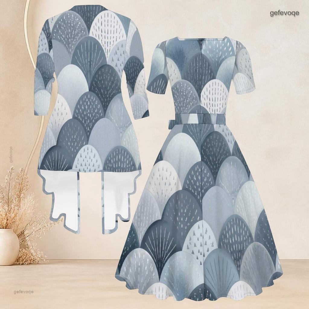 Women Plus Size Two Piece Set Long Sleeve Open Cardigan Square Neck Short Sleeve Tie Waist Printed Flared Dress