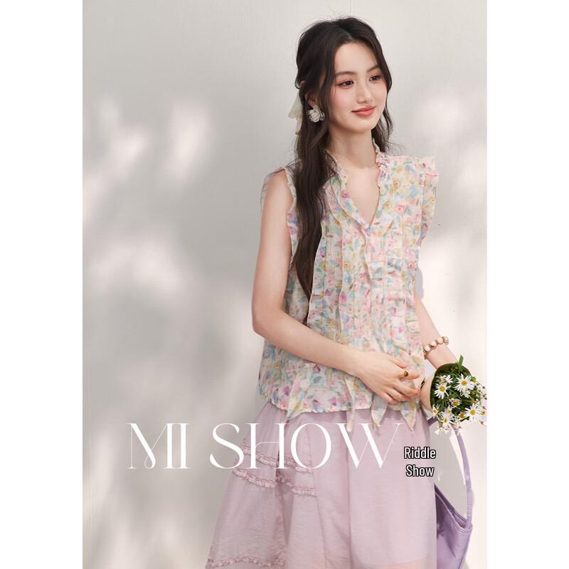 Mishow Floral Ruffle V-Neck Blouse M