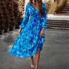 Autumn Winter Women Casual Dress Long Sleeve V Neck Print A Line Knee Length High Waist