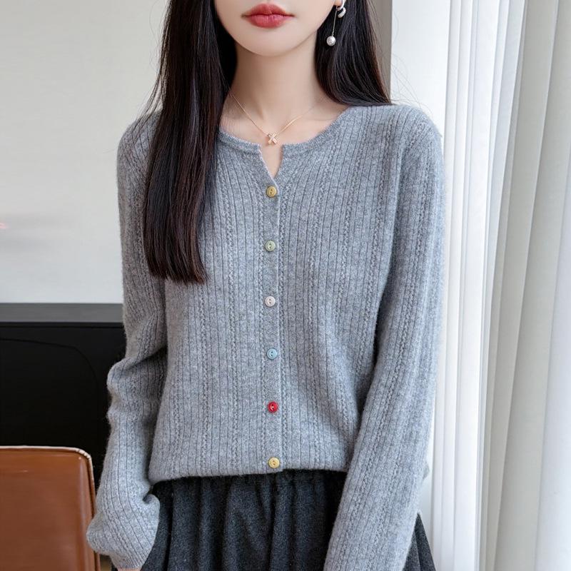 Women's Slim Fit Ribbed 100% Wool Knitted Cardigan – Round Neck, Long Sleeve, Flattering Autumn/Winter Sweater