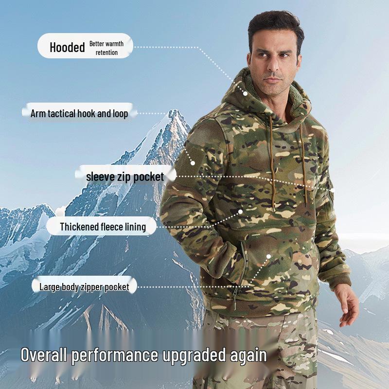 Men's Winter Camouflage Hooded Sweatshirt - Thick Fleece Lined, Warm, Outdoor Tactical Sport