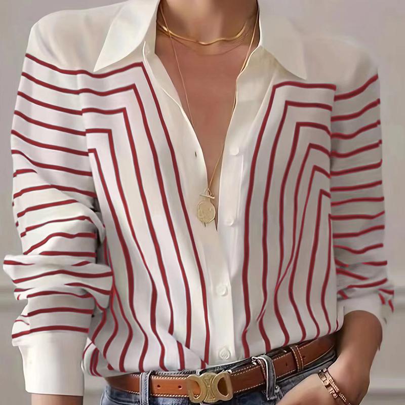 

2025 осень полосатая рубашка женская с длинным рукавом свободная элегантная темпераментная была тонкой 259 XL розы красного