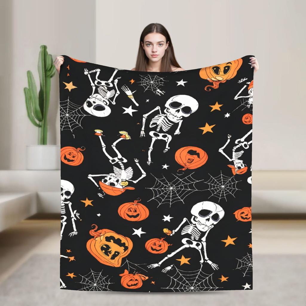 Cute Ghost Pumkin Skull Bat Blanket Warm Soft Throw Blanket Winter Decorative Couch Chair Sofa Bed Street Trend Bedspread