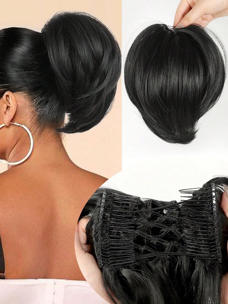 Synthetische, kurze, unordentliche, lockige Haarknotenverlängerung, leicht dehnbares Haar, Doppelkämme, Clip-In-Pferdeschwanz mit elastischer Bandverlängerung, Pferdeschwanz-Haarteile