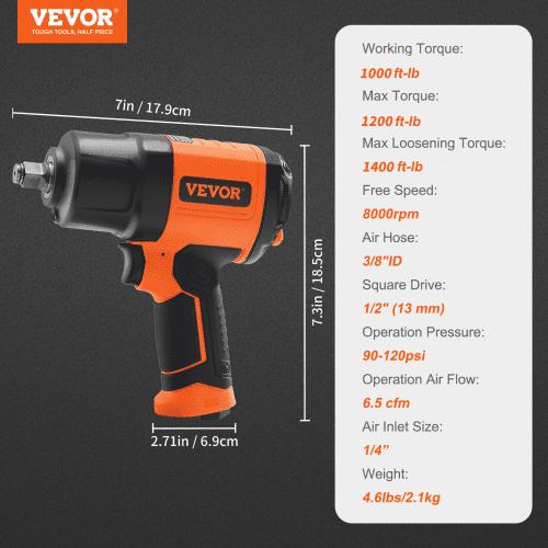 VEVOR 1.27 cm Air Impact Wrench, High Torque Up to 1898.15 N·m
