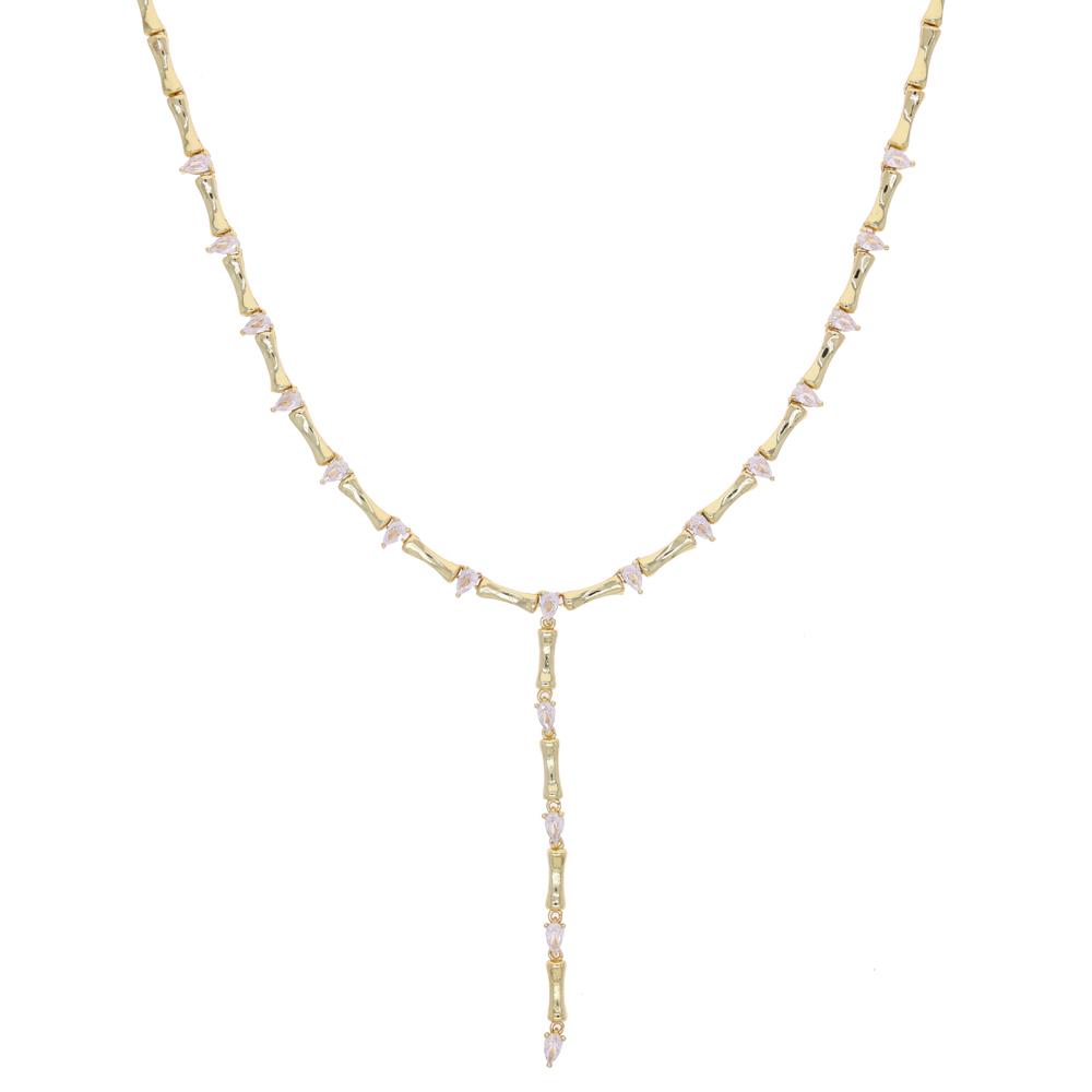 Gold Plated Bone Shaped Bar Charm 5A Cubic Zirconia Tear Drop CZ Sexy Women Y Lariat Necklace 16inches(40.64cm)