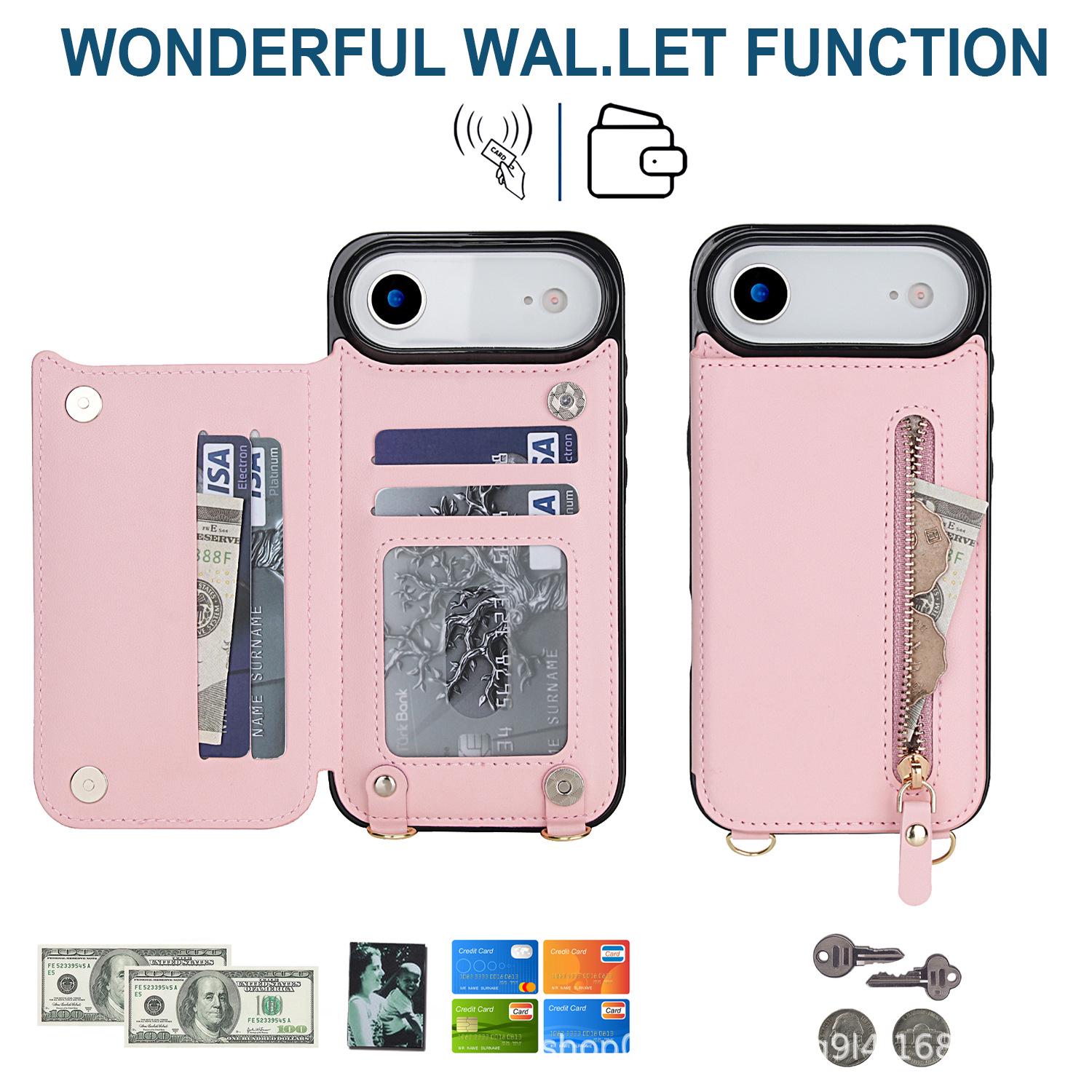 

iPhone 17 Pro Max Crossbody Leather Wallet Case with Card Slots & Double Buckle Zipper 17 розовый