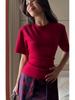 Women's Solid Color Cinched Waist Round Neck Cotton T-Shirt – Casual Short Sleeve Top (2026)