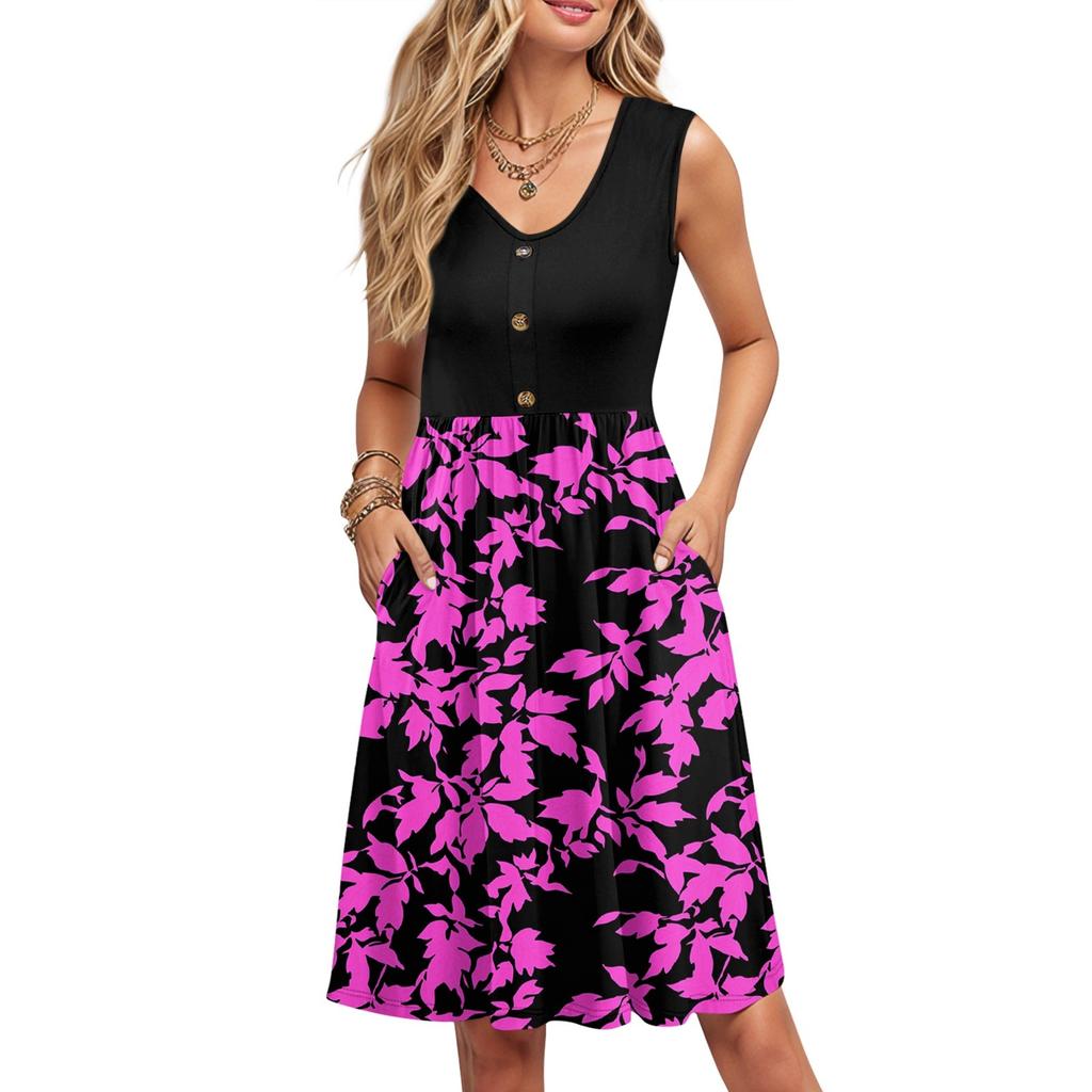 Women Summer Printing Dresses Sleeveless Casual Loose Swing Button Down Midi Sundress With Pockets