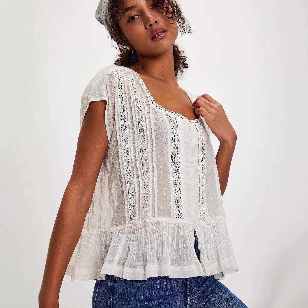 

2025 Women s Lightweight Lace-Up Doll Shirt: Sweet, Fresh, Lace Patchwork, Early Summer Style. Large