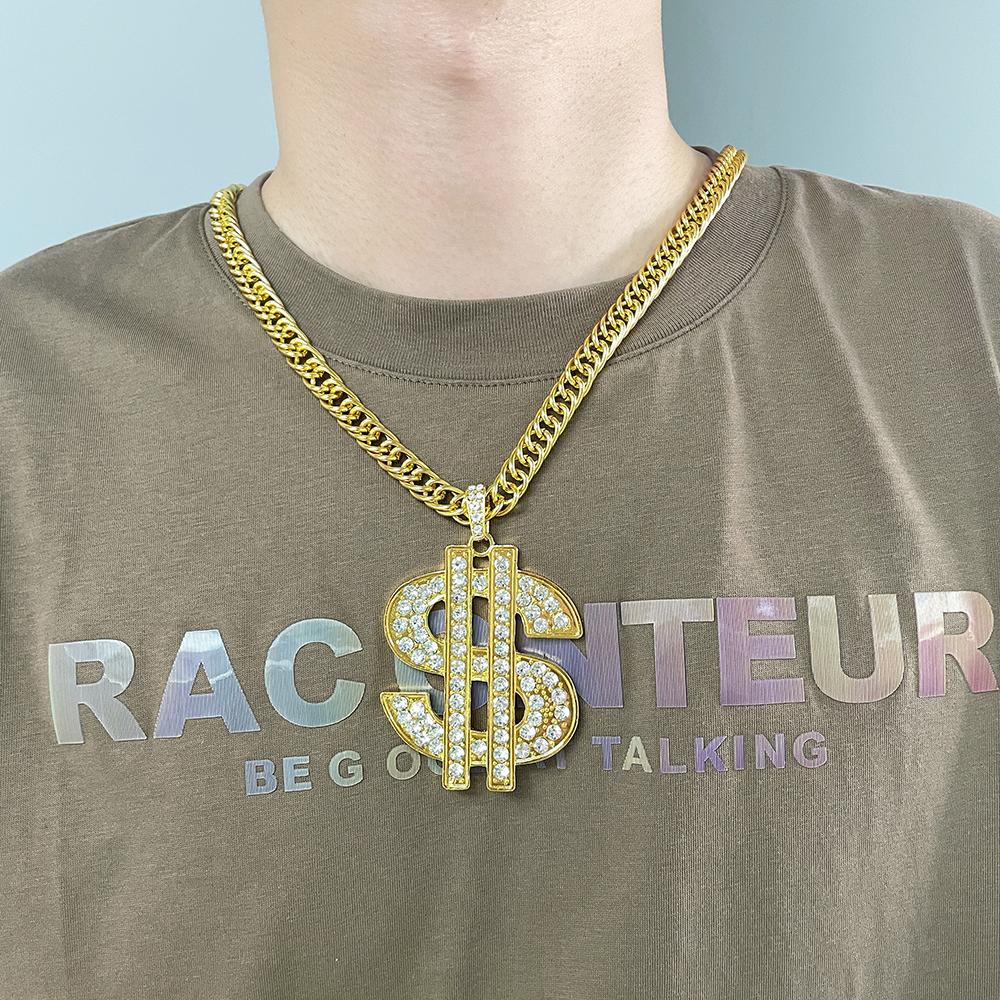 Full of Rheinstone Hip Hop Golden Dollar Sign Pendant Necklace Men Women Punk Fashion Rock Rap Jewelry Gift