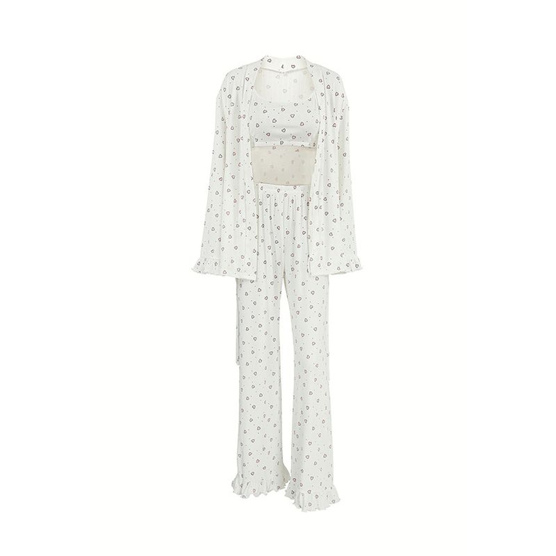 Love Heart Print Frill Long Sleeve Vest Trousers Pajamas Three-Piece Home Wear Women Pajamas Women