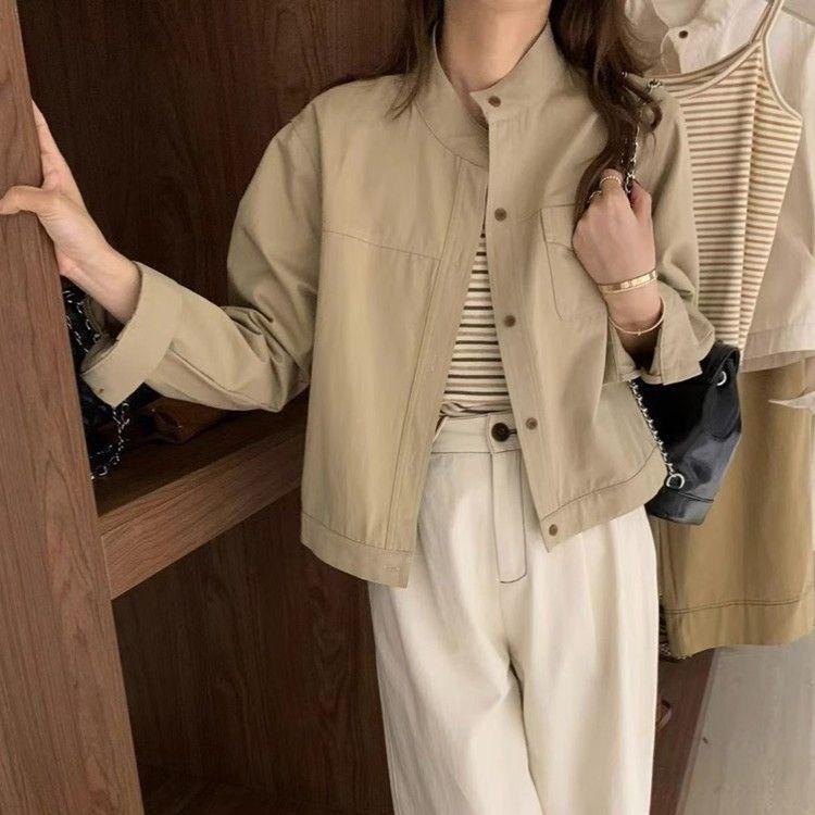 Women's Solid Color Cargo Jacket Korean Style Casual Short Length Long Sleeve Outerwear for Autumn