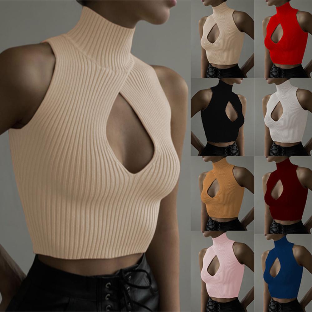 

Женские летние водолазки на бретелях, вязаный свитер, футболки без рукавов, сексуальный тонкий укороченный топ с вырезом спереди, рубашка