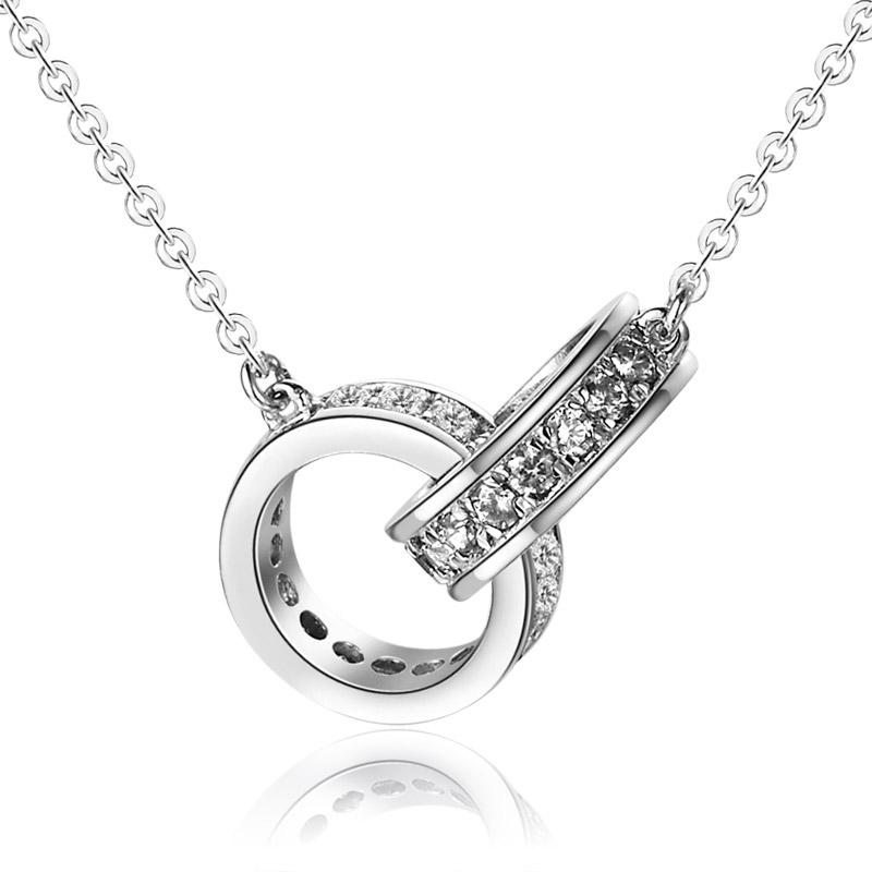 925 Sterling Silver Double Circle Zircon Necklaces Pendants for Women Fashion Lady Festival Gift Sterling-silver-jewelry 40+5cm extension chain серебряный