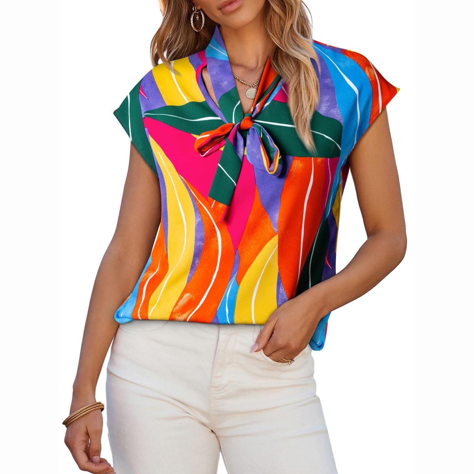 

Женские блузки рубашки летнего стиля, женские повседневные топы с коротким рукавом и воротником с бантом с принтом XS