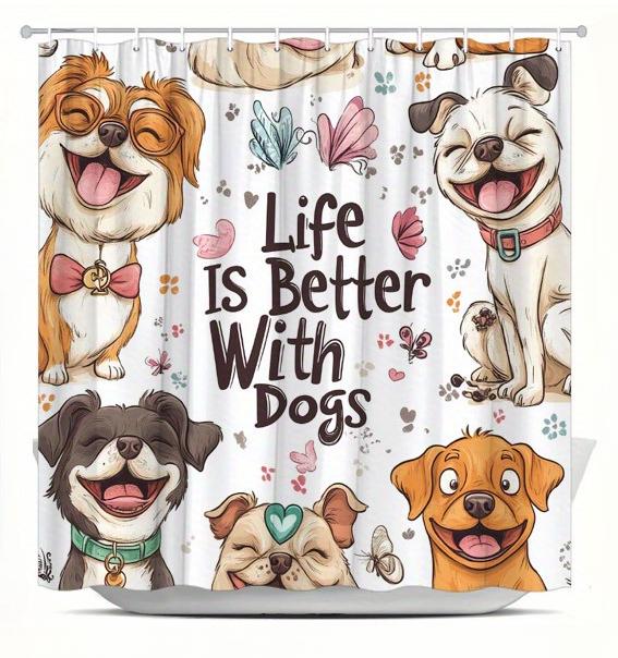 Life is Better with Dogs Waterproof Shower Curtain - Cute Cartoon Dogs Design, Anti-Mold, Durable Fabric for Bathroom Decor W90XH180cm