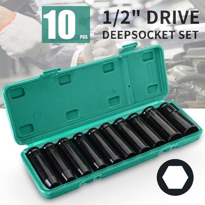10pcs 8-24mm 1/2" Drive Deep Impact Socket Set Heavy Metric Garage Tool for Wrench Adapter Hand Tool Set