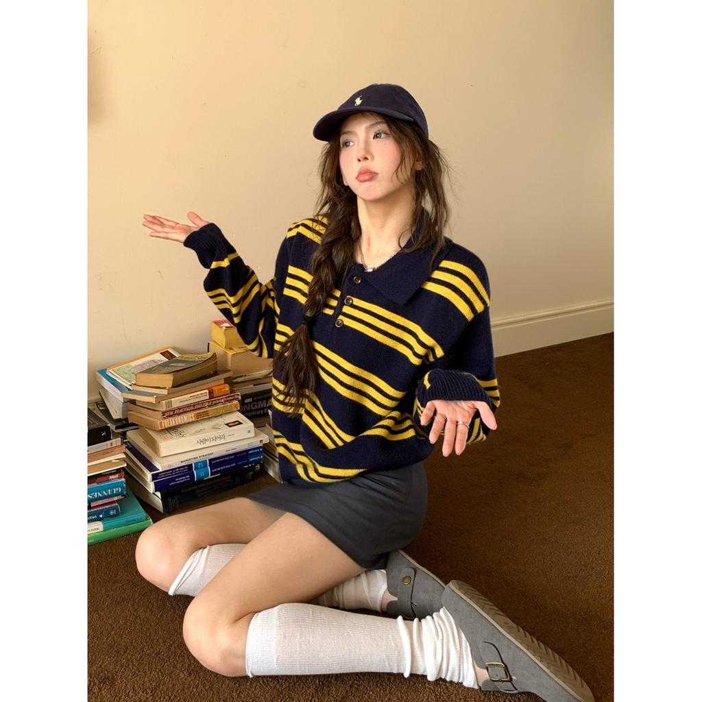Versatile soft waxy olo lapel striped contrasting sweater women's autumn and winter new loose pullover top