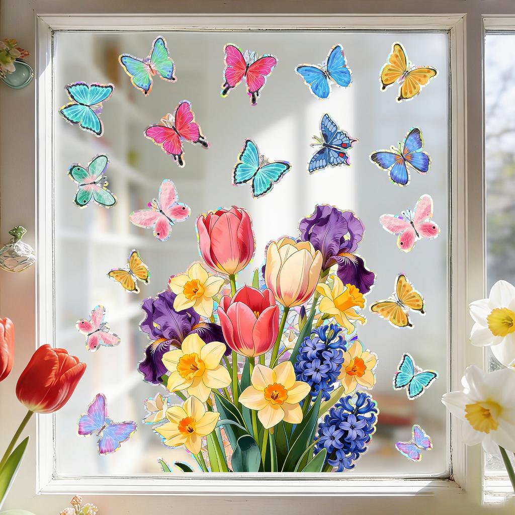 Static Cling Wall Stickers Creative Butterfly Tulip Daffodil for Bedroom Study Living Room Home Decor