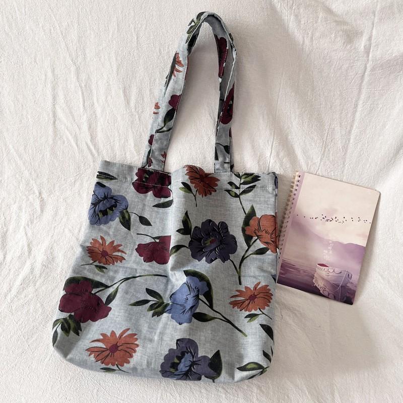 New Retro Plant Flower Shoulder Bag Gray Blue Niche Cotton Linen Artistic Cloth Large Capacity Tote