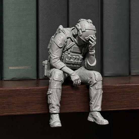 jijijing 3D Printed Soldier Figurine Ornament, Sitting Tactical Statue, Funny Tired Sculpture for Table Shelf Edge Decor