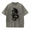 Mens Heavyweight Washed Cotton T Shirt Distressed Style Dragon Print Short Sleeve Retro Streetwear Loose And Comfortable Top