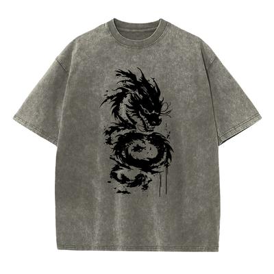 Mens Heavyweight Washed Cotton T Shirt Distressed Style Dragon Print Short Sleeve Retro Streetwear Loose And Comfortable Top