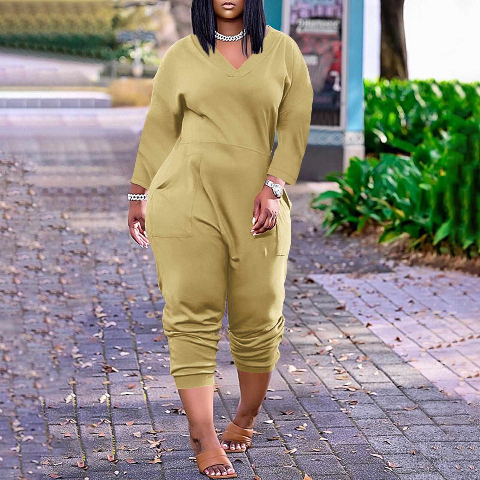 

Женский свободный повседневный однотонный комбинезон с длинными рукавами и v-образным вырезом большого размера S жёлтый