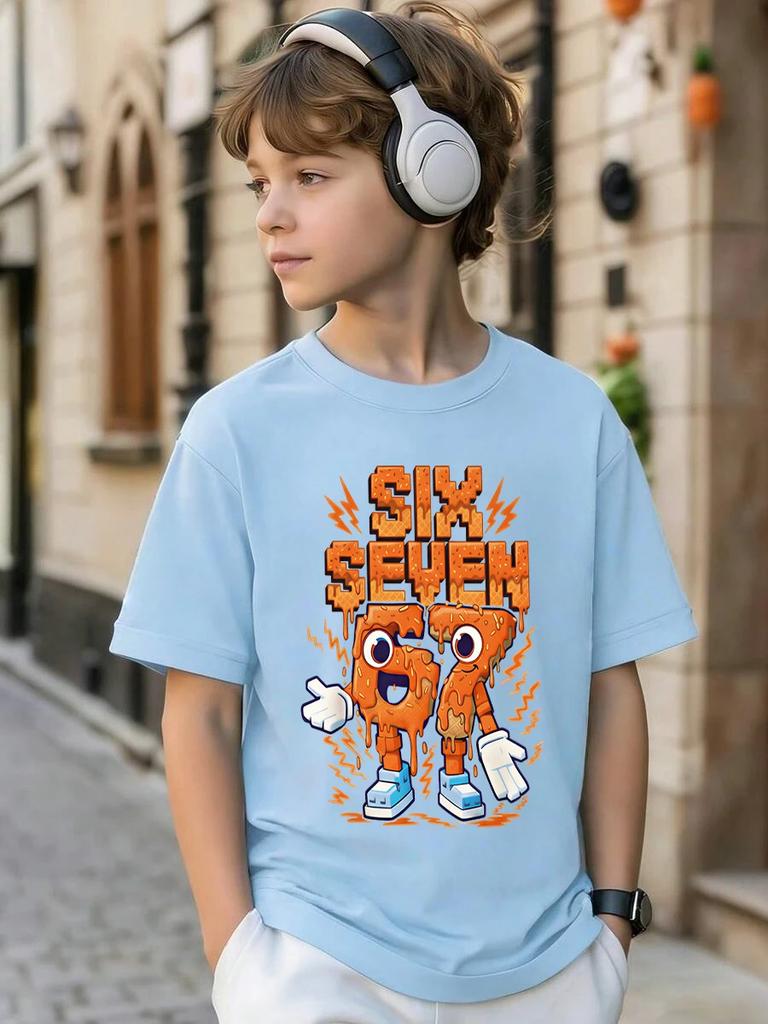 Six Seven 67 Italian Brainrot Funny Kids Short Sleeve T Shirt Summer Crewneck Cute Cartoon Hot Age 3-14 Boys Girls