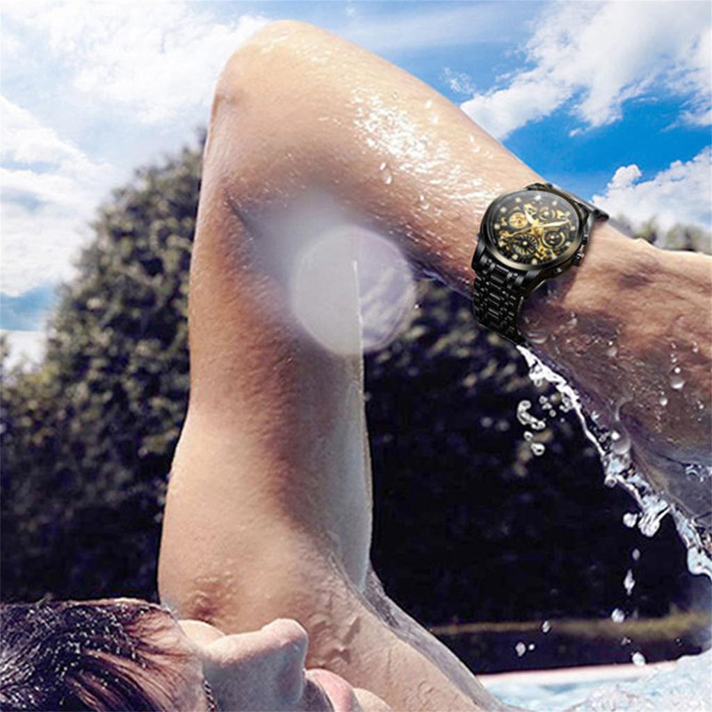 Men's Stainless Steel Band Quartz Watch Luminous Hands Waterproof Mechanical Style Skeleton Dial with Date Display and Tachymeter Scale