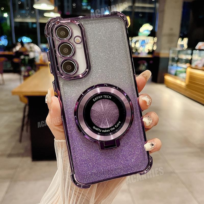 A 16 15 35 55 54 34 14 Luxury Plating Holder Case For Samsung Galaxy A55 A35 A25 A15 A16 A36 A54 A34 A14 5g Silicone Stand Cover