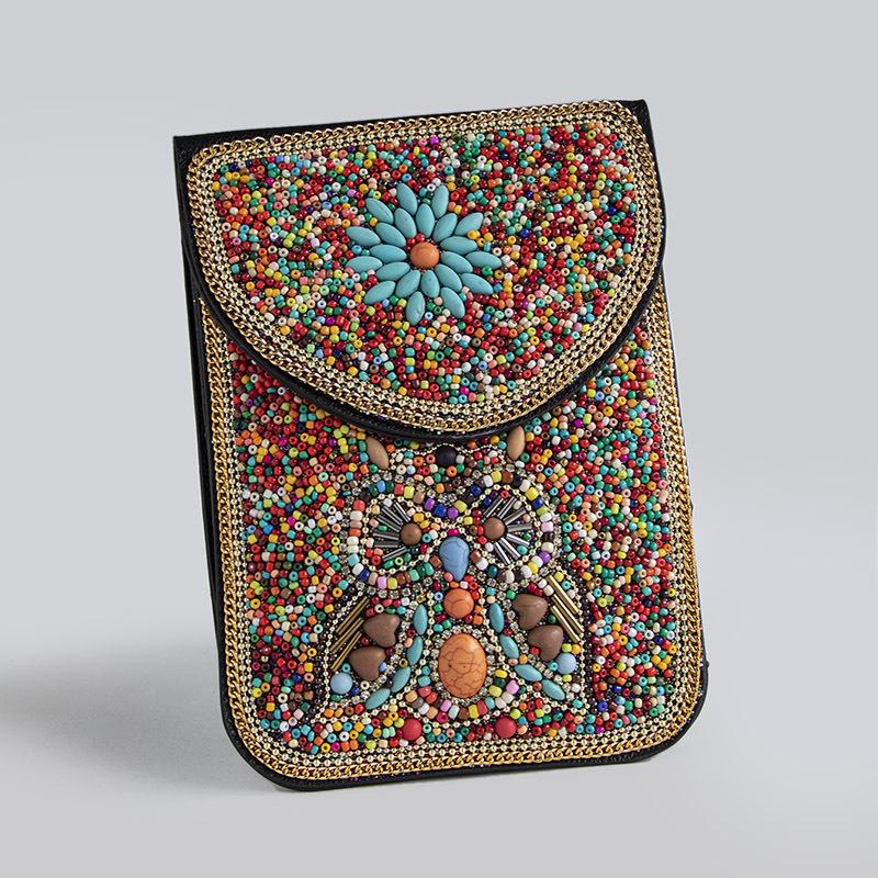 Bohemian Ethnic Shoulder Bag with Rice Beads, Shell Mobile Pocket, Floral PU Design, Women's Crossbody for Travel Photography.
