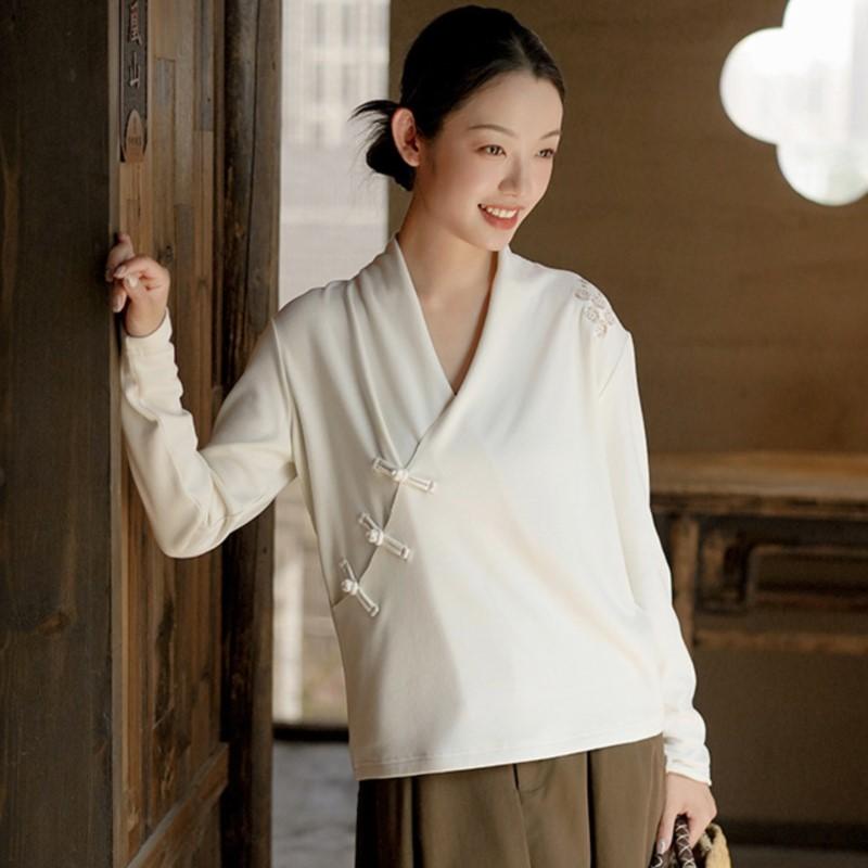 

Johnature Женские трикотажные рубашки в китайском стиле, топы с V-образным вырезом, длинным рукавом, вышитые цветочные осенние блузки с мягкими пуговицами XXL бежевый