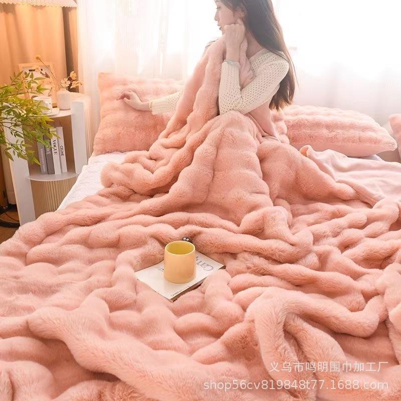 Tuscany Faux Rex Rabbit Double-Sided Bubble Fleece Throw Blanket