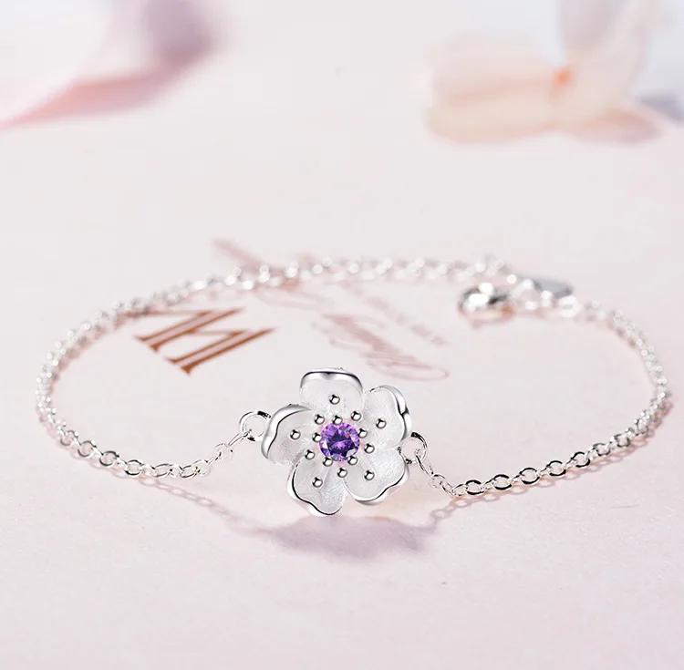 New Arrival  Silver Color Pink/Purple Cherry Blossom Flower Zircon Bracelet for Women Pulseira Feminina  Gift