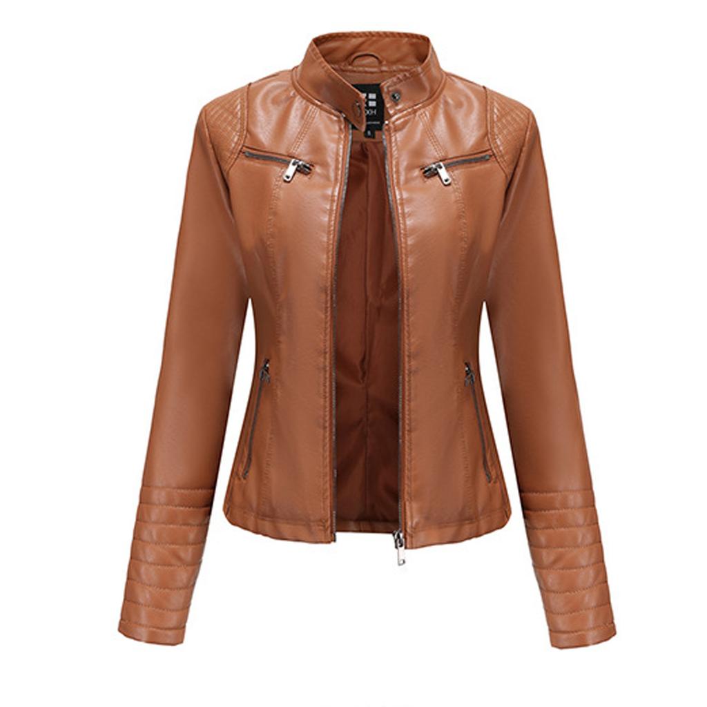 Women's Slim Leather Stand-Up Collar Zipper Stitching Color Jacket