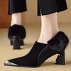 Autumn New Coarse Heel Shoes Women Metal Pointed Side Zipper Anti-slip Wear-resistant Plush Low-top Shoes