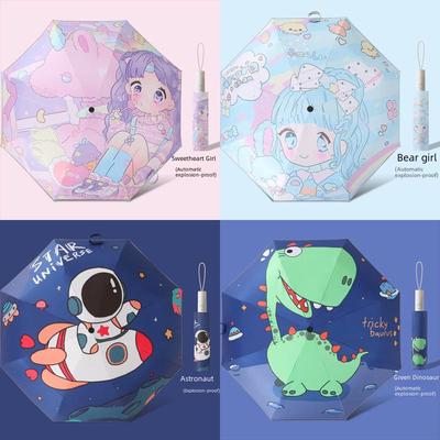 Dětský kreslený automaticky otevíraný skládací deštník s reflexním pruhem proti slunci a dešti