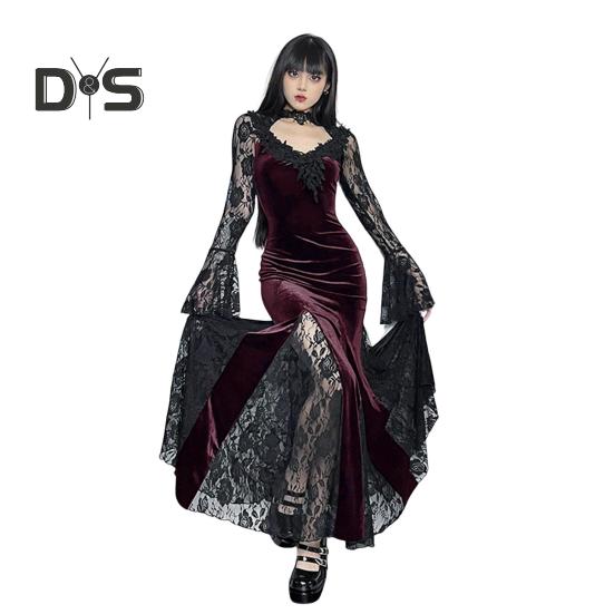 Women Cosplay Dress Dark Style Halloween Party Costume Lace Patchwork Flower Embroidery Fish Tail Hem Long Sleeves Tight Waist A-line Performance