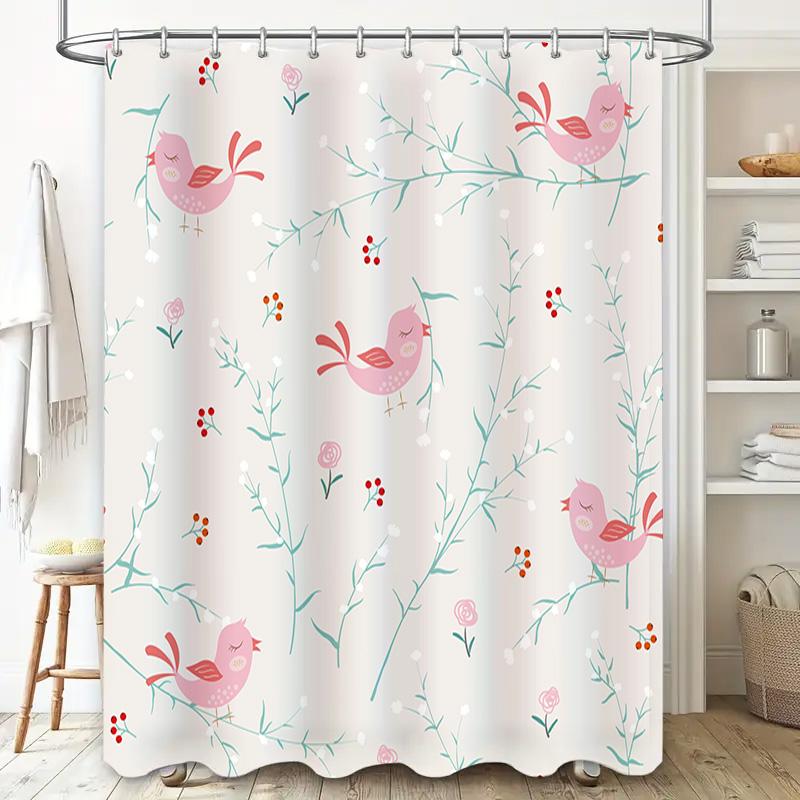 Pink Birds Branches Shower Curtain For Bathroom Decor Waterproof Fabric Bath Mat Home Decoration Gift Ideas (180X240Cm)