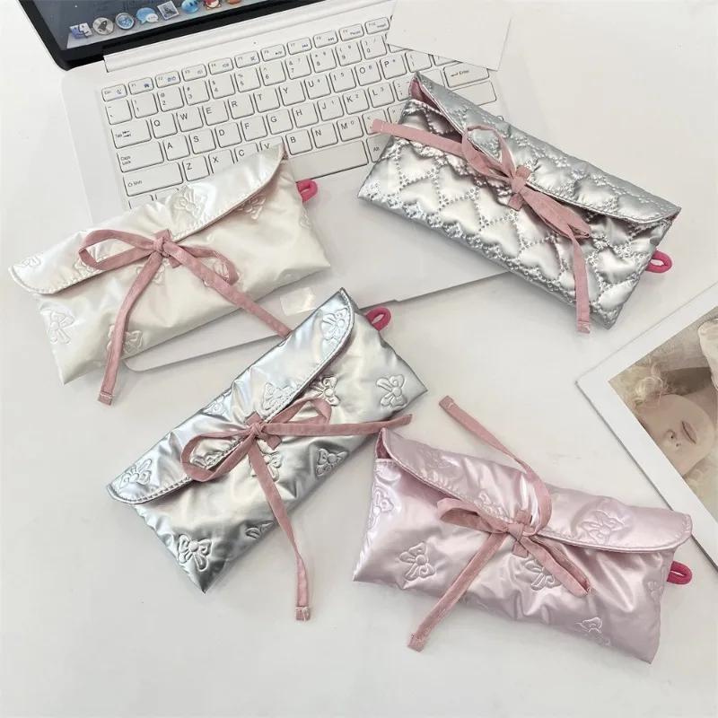 Multifunctional PU Leather Pen Bag Large Capacity Bowknot Printing Pen Pouch Student Pencil Case Stationery Storage Organizer