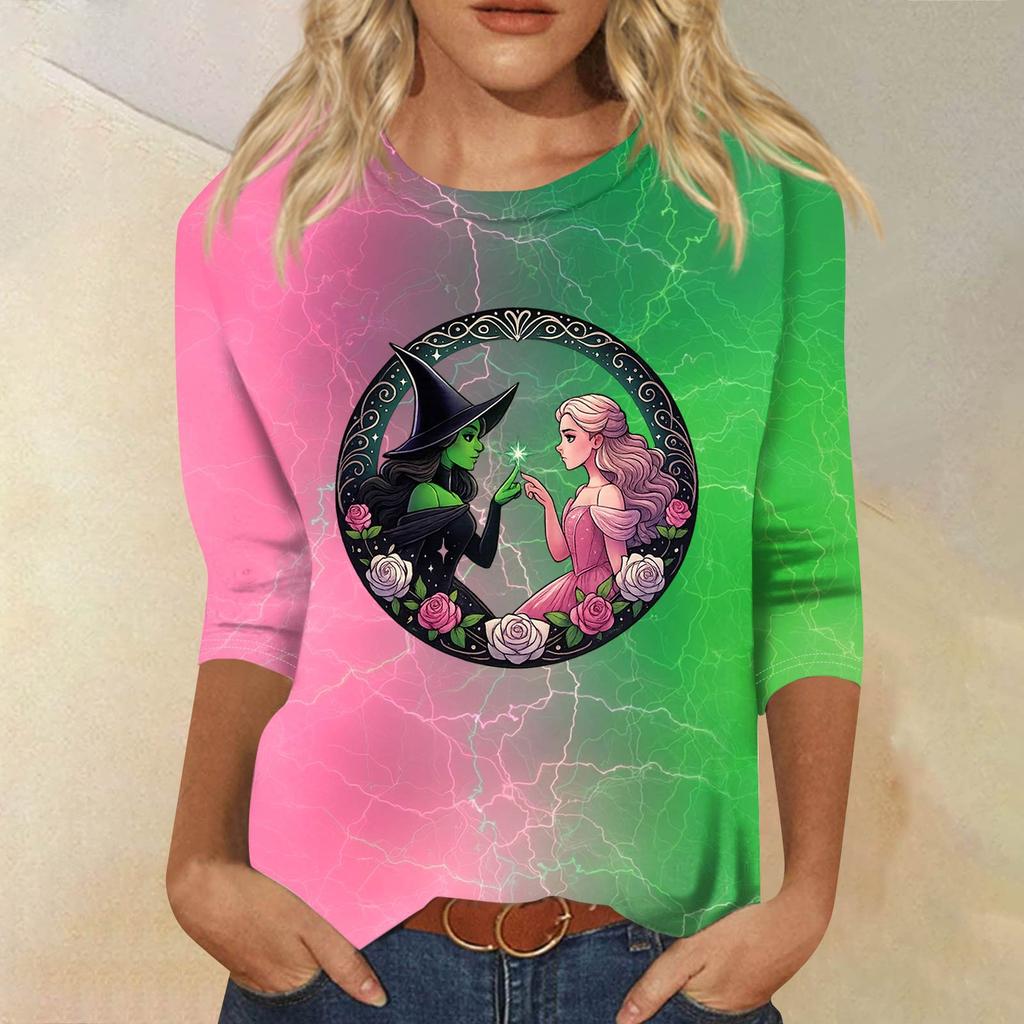 Women's Fashionable Casual Three-Quarter Sleeve Printed Round Neck Top