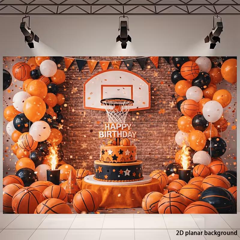 2D Sports Basketball Birthday Backdrop, Brick Wall Background Cloth