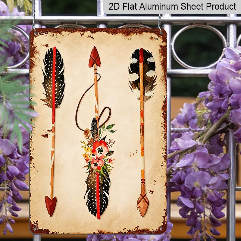 2D Flat, 1pc Boho Native American Arrows & Feathers Aluminum Sign - Western Wall Decor Western Home Decor, Native American Themed Room, Boho Home