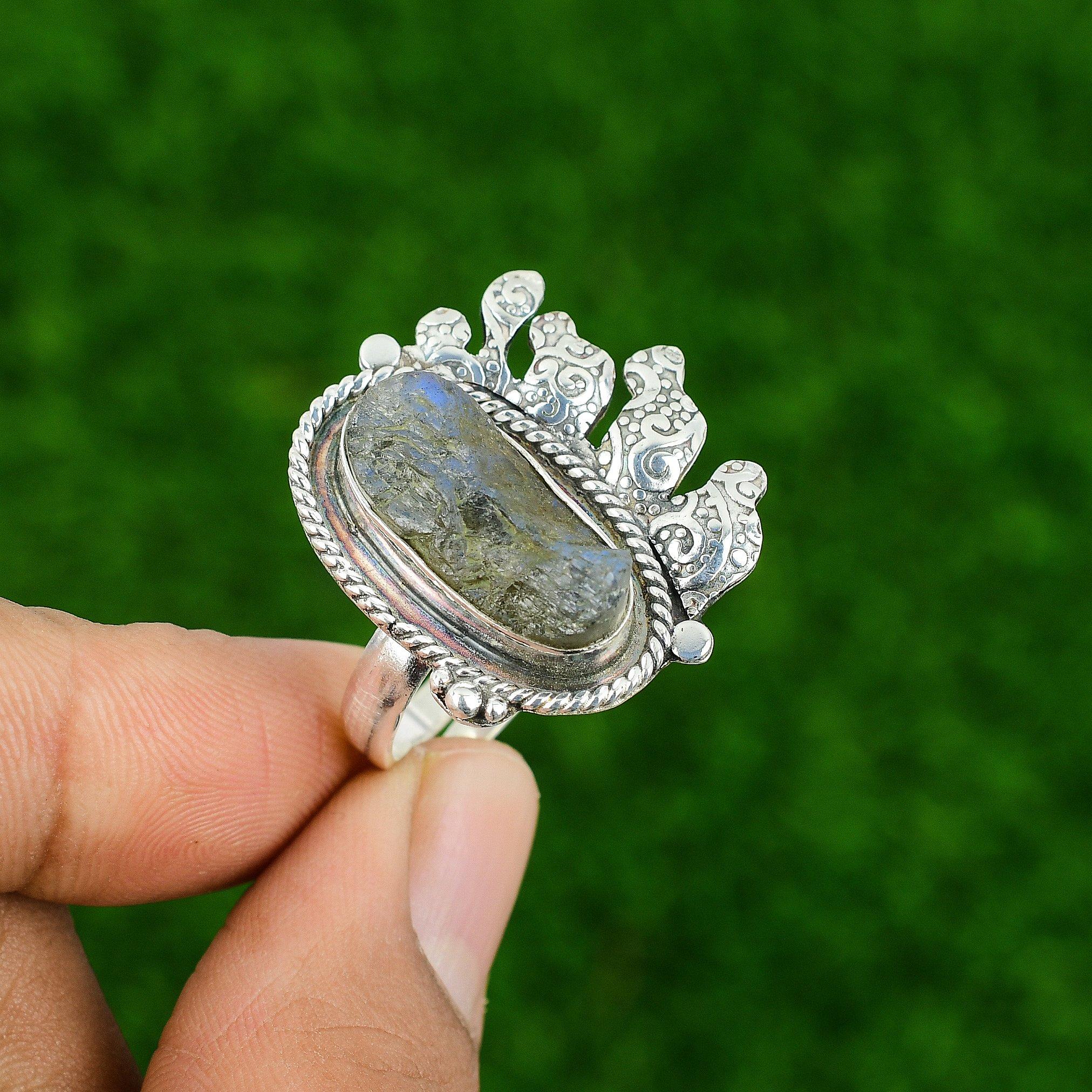 

Подарок для нее Серебро 925 пробы Натуральный лабрадорит Необработанный Штабелируемое Регулируемое кольцо Adjustable