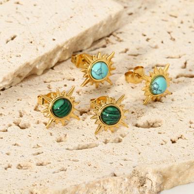 Gold Color Stainless Steel Stone Earrings Sun Shape Pierce Stud For Women