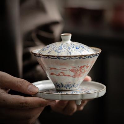 150ml Chinese Dunhuang Apsaras Pattern Gaiwan Creative Ru Kiln Bamboo Hat Tea Tureen Tea Brewing Cover Bowl Cafes Ornaments