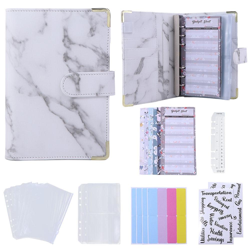 Zipper Envelope PU Leather Notebook Binder 6 Ring Binder Marble Budget Binder Marble Notebook