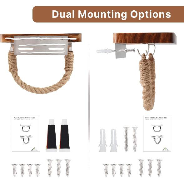 Farmhouse Toilet Paper Holder with Shelf Large, Nautical Rustic Rope for Beach Farmhouse Bathroom Decor Toilet Paper Roll Holder, Wood Bathroom